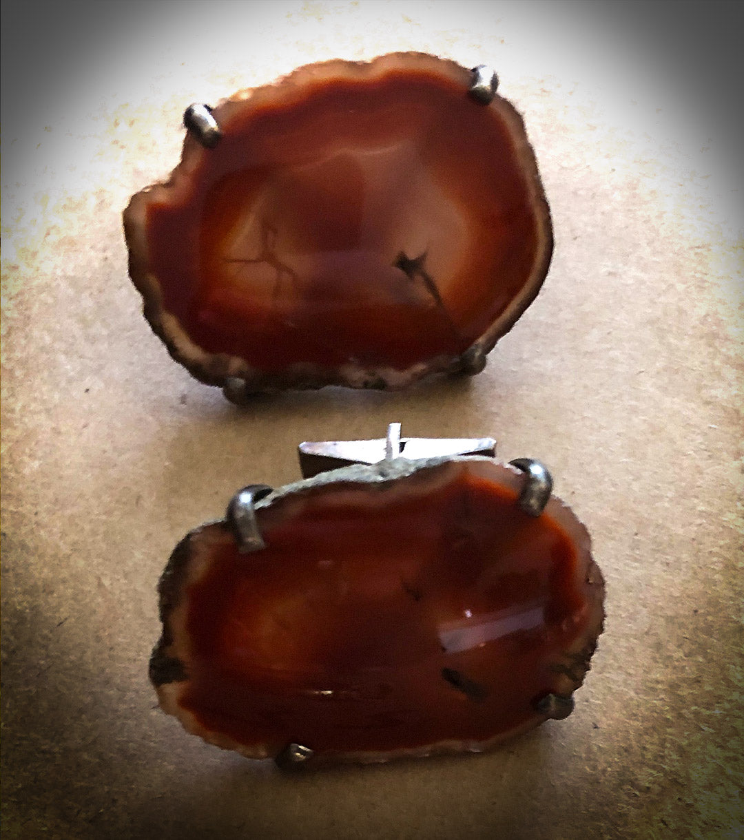 Mid-Century Smoke & Fire Agate 925 Sterling Silver Large Brutalist Cuff Links